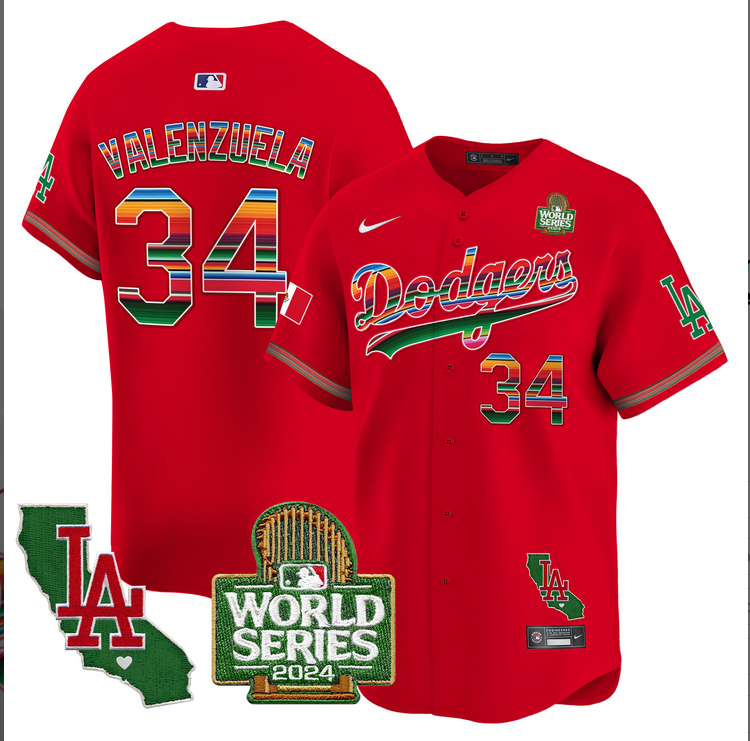 Men MLB Mexico Los Angeles Dodgers #34 Valenzuela red 2024 World Series Champions Patch Jersey 20241105